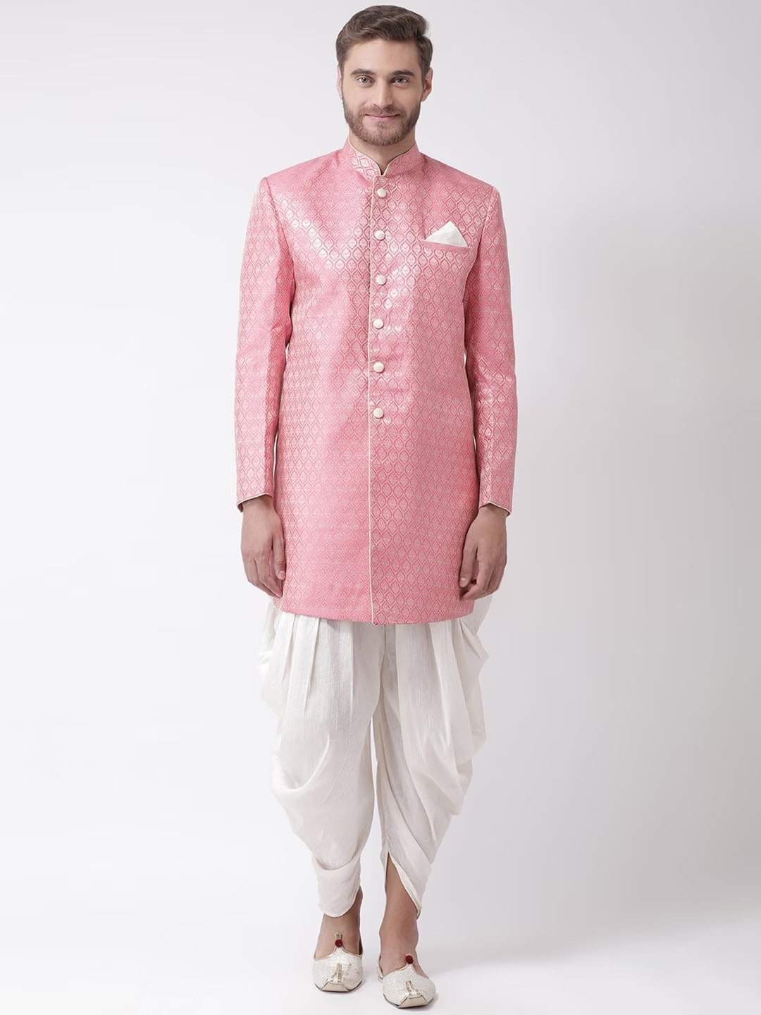 

DEYANN Self Design Mandarin Collar Sherwani Set, Pink