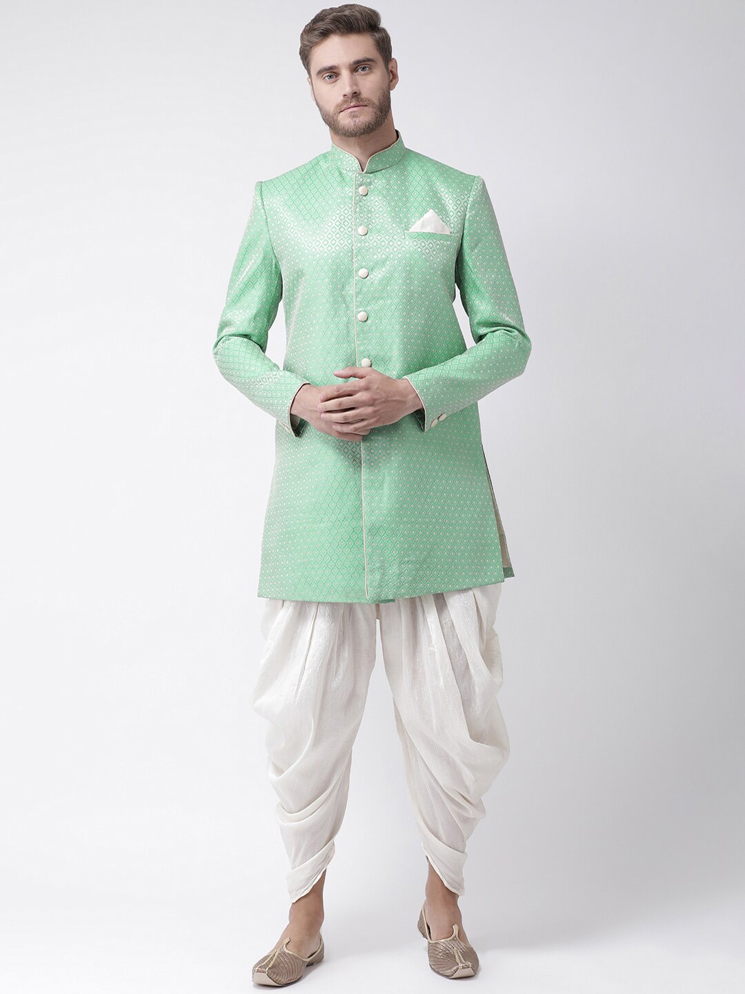 

DEYANN Ethnic Motifs Woven Design Mandarin Collar Sherwani With Dhoti Pants, Green