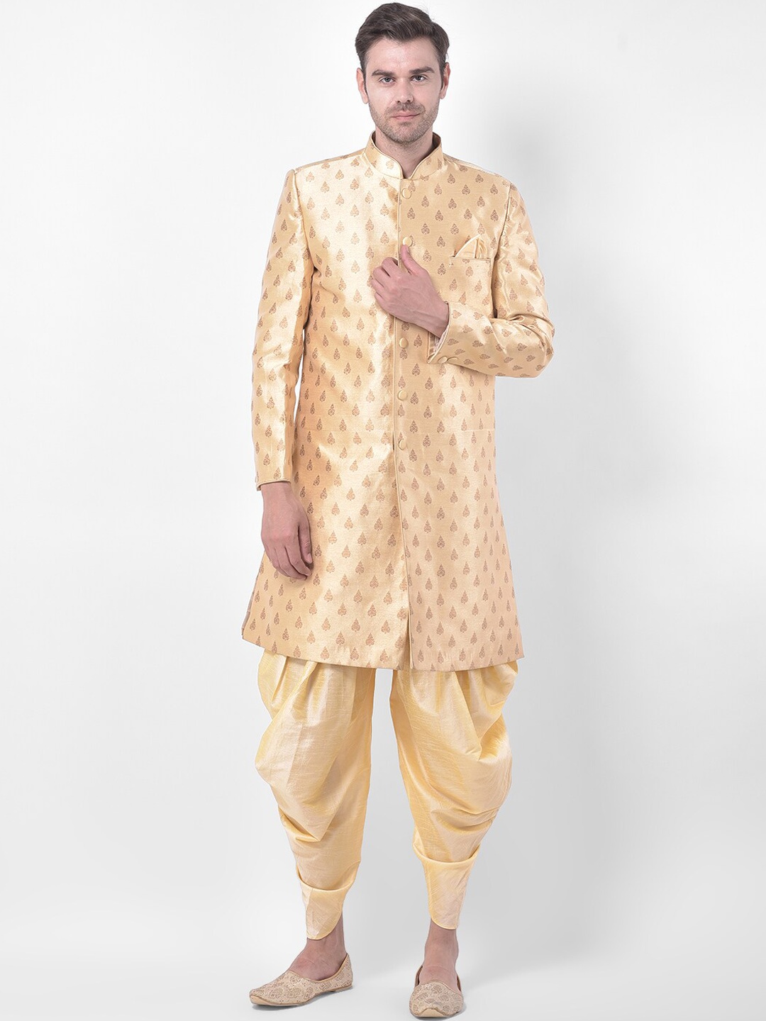 

DEYANN Ethnic Motifs Woven Design Mandarin Collar Jacquard Sherwani With Dhoti Pants, Beige