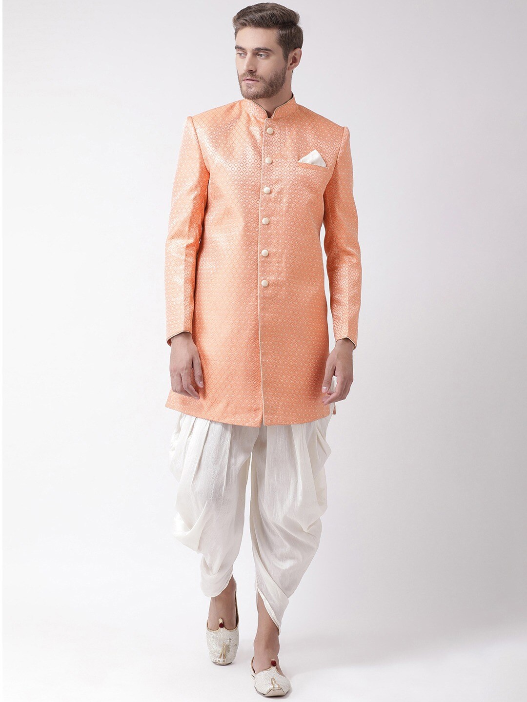 

DEYANN Woven Design Mandarin Collar Pure Silk Sherwani Set, Orange