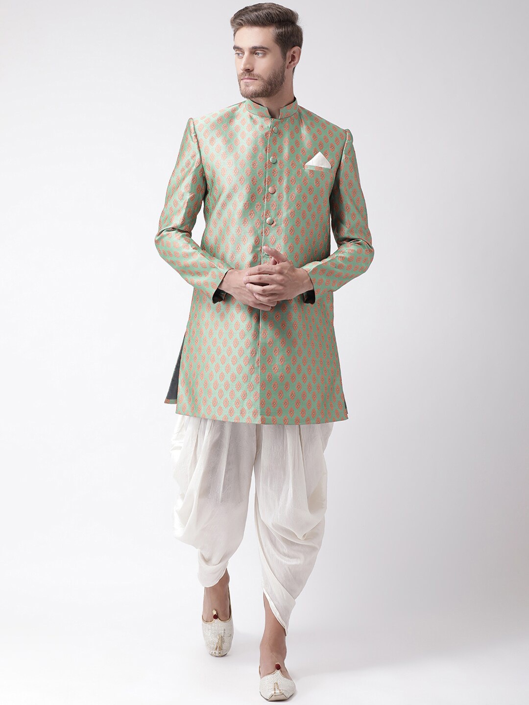 

DEYANN Ethnic Motifs Woven Design Mandarin Collar Sherwani With Dhoti Pants, Green