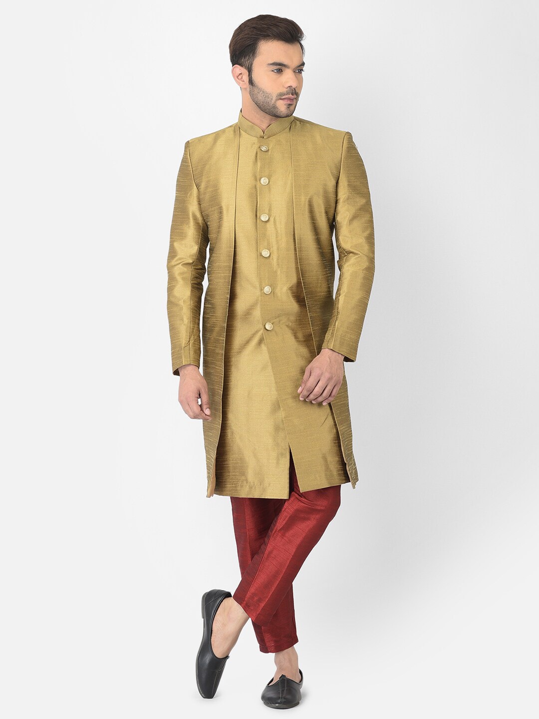 

DEYANN Mandarin Collar Sherwani Set, Gold