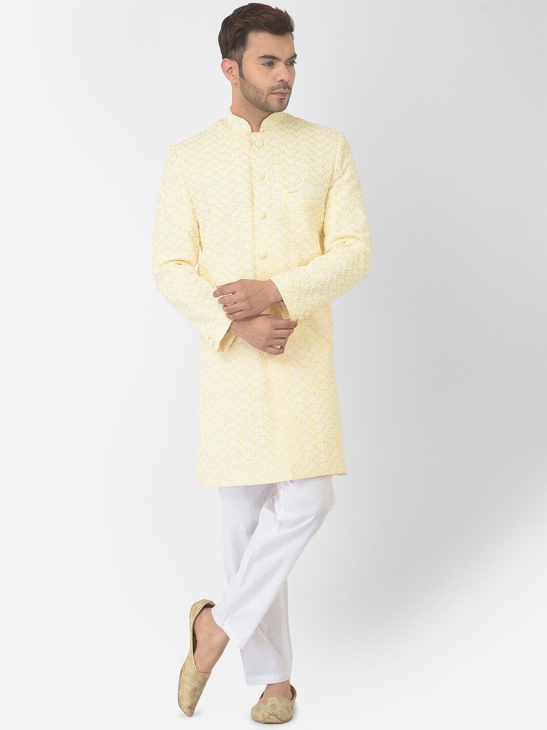 

DEYANN Chikankari Embroidered Cotton Sherwani Set, Yellow