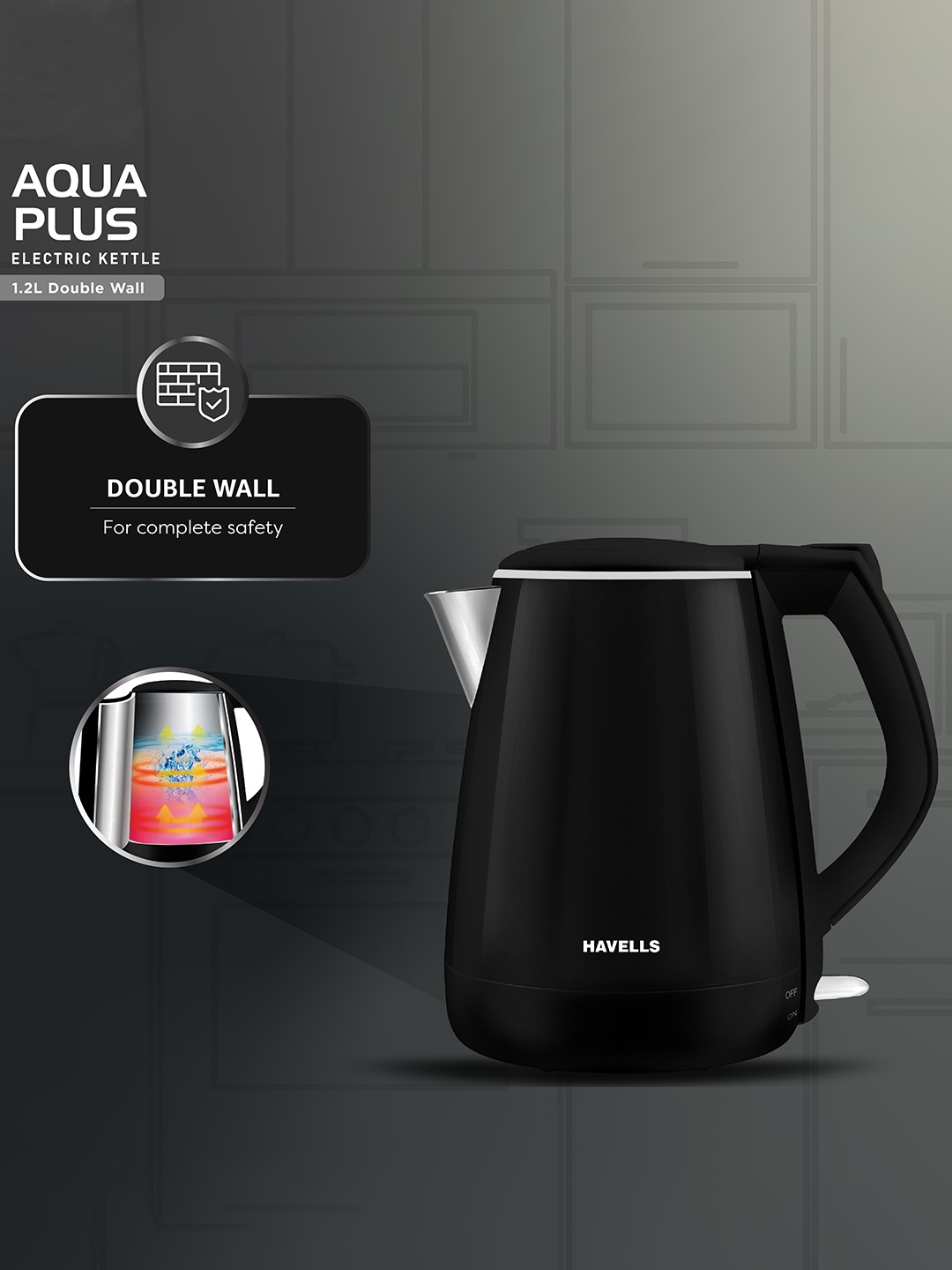 

Havells Aqua Plus Black 1500 W Double Wall SS Tank Cool-Touch Body Electric Kettle-1.2L