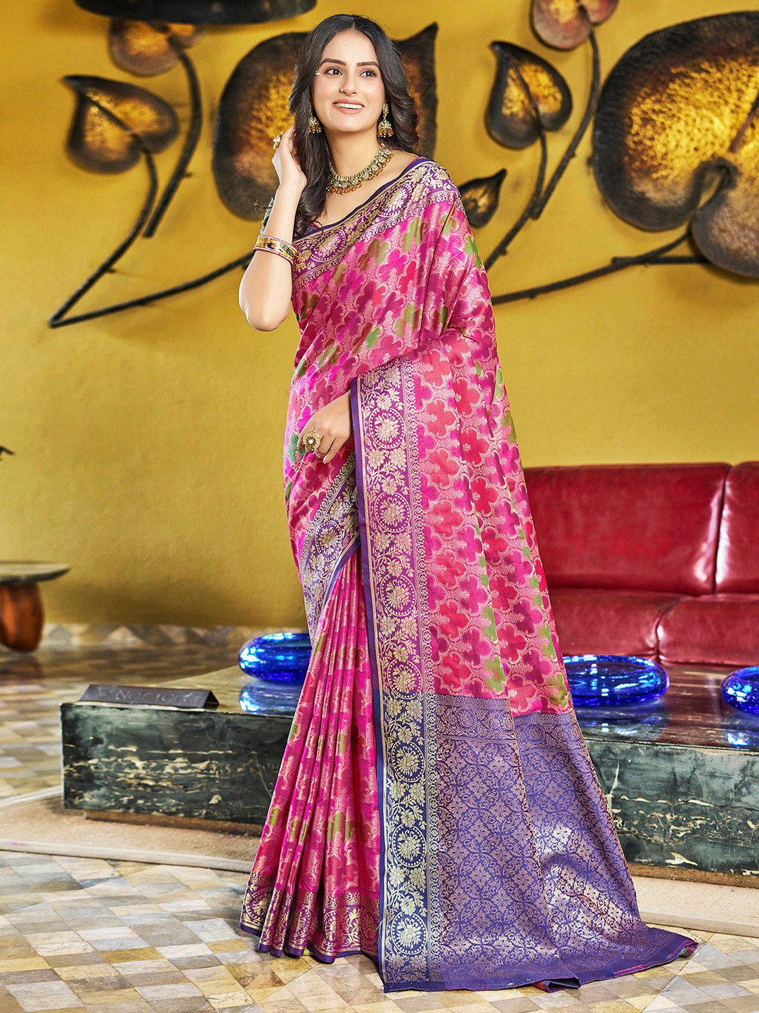 

Mitera Pink & Blue Ethnic Motifs Woven Design Zari Art Silk Banarasi Saree