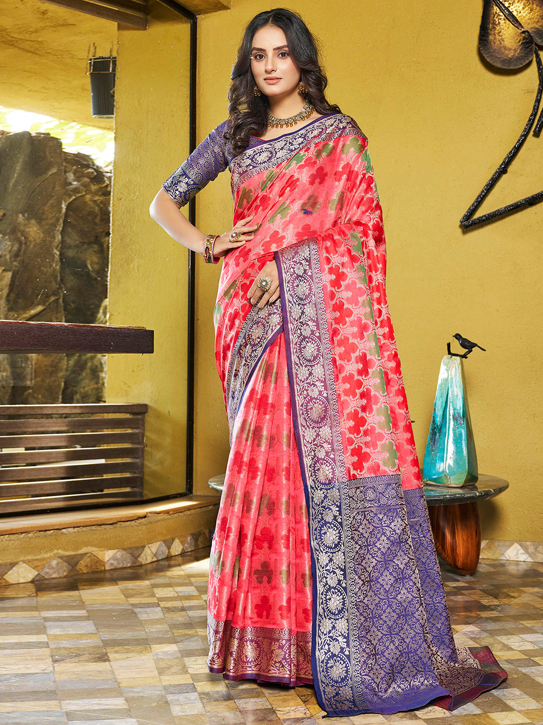 

Mitera Pink & Blue Ethnic Motifs Woven Design Zari Art Silk Banarasi Saree