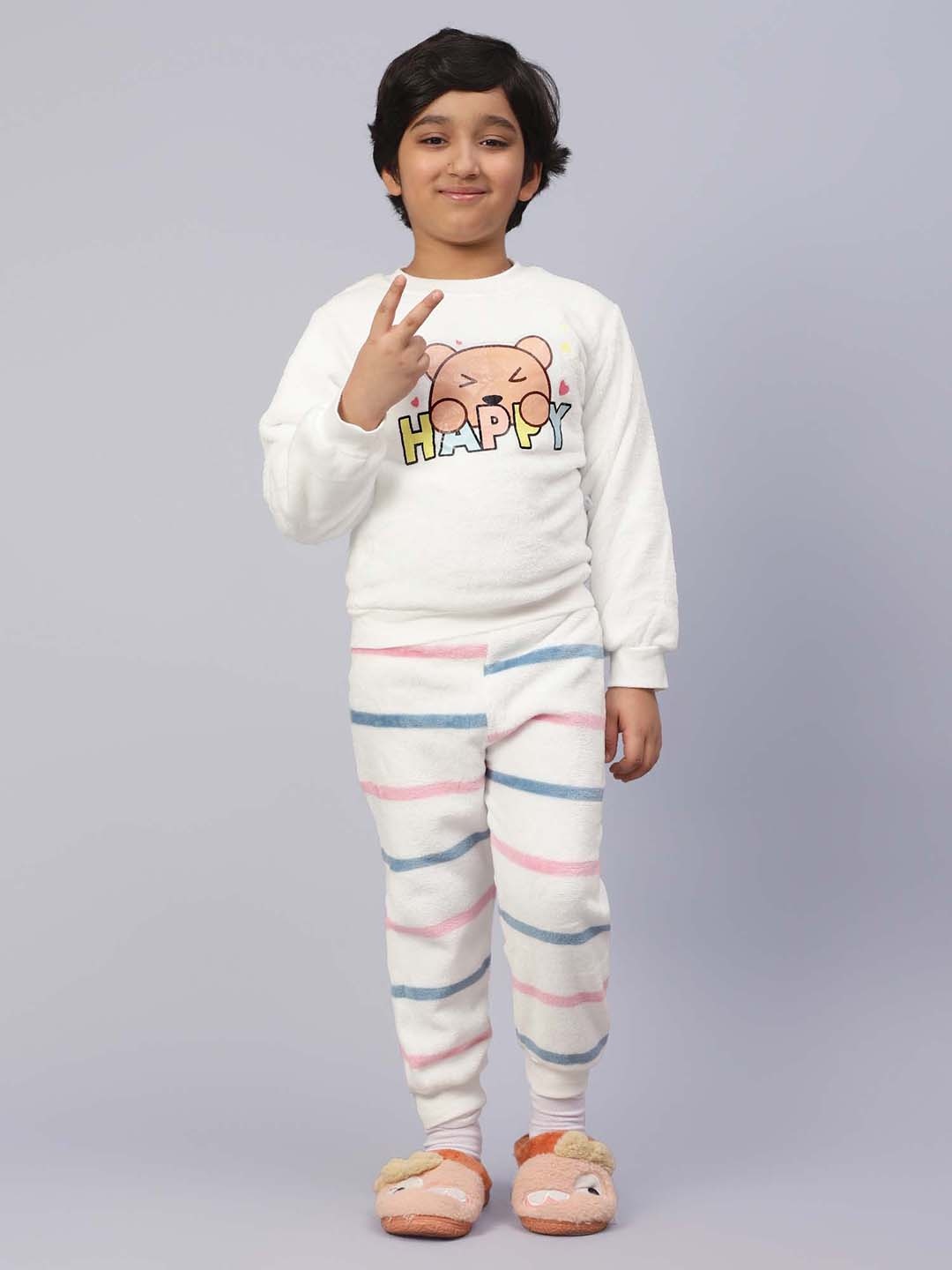 

bubble berry Boys Typography Printed Pure Cotton Night suit, White