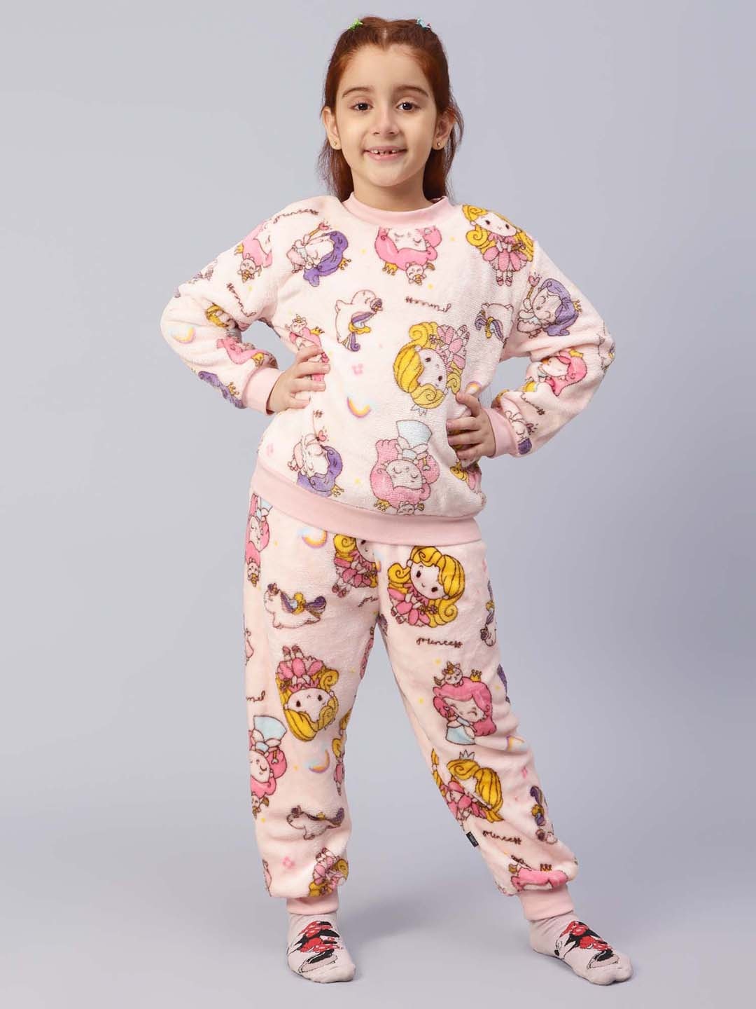 

bubble berry Girls Printed Long Sleeves Pure Cotton Night Suit, Pink