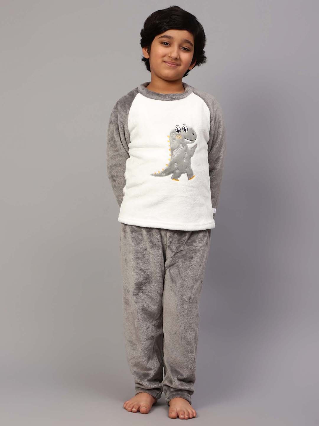 

bubble berry Boys Dinosaur Printed Fleece Night suit, White