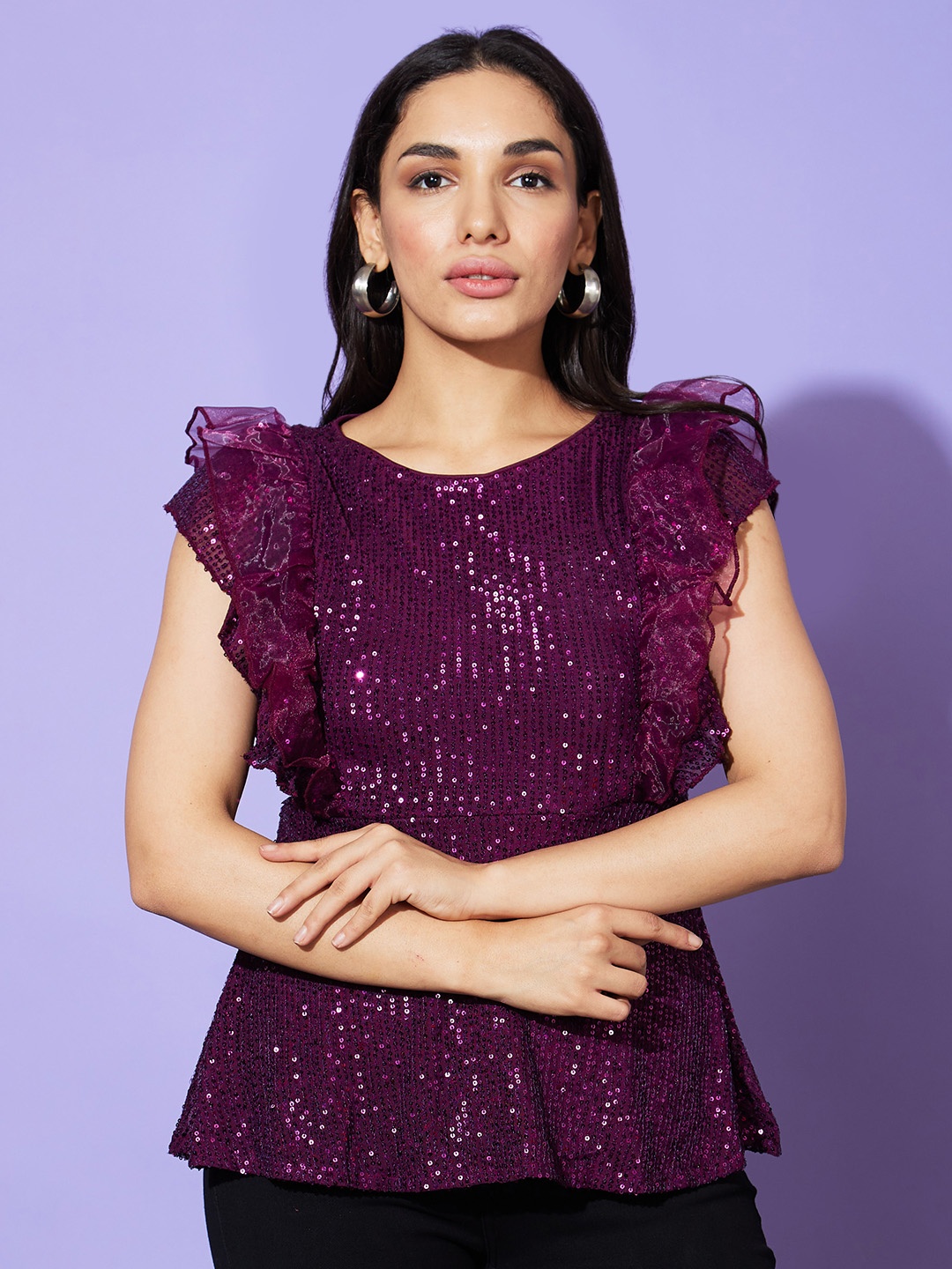 

Globus Purple Embellished Flutter Sleeve Peplum Top