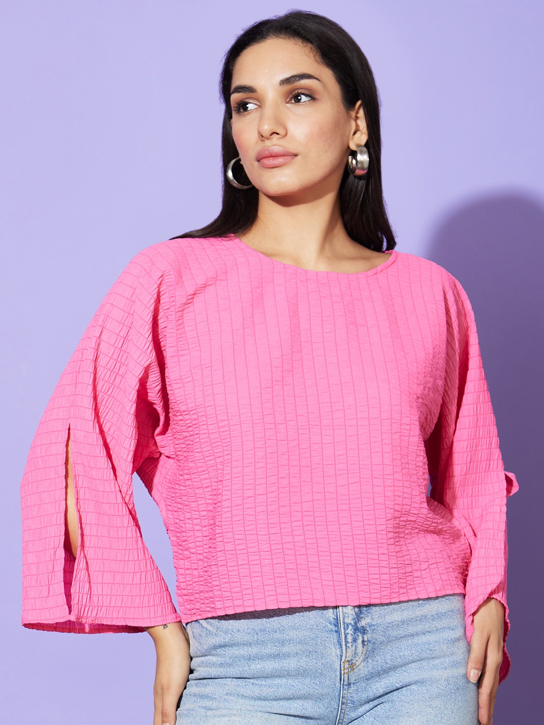

Globus Pink Vertical Striped Round Neck Slit Sleeves Boxy Fit Casual Top