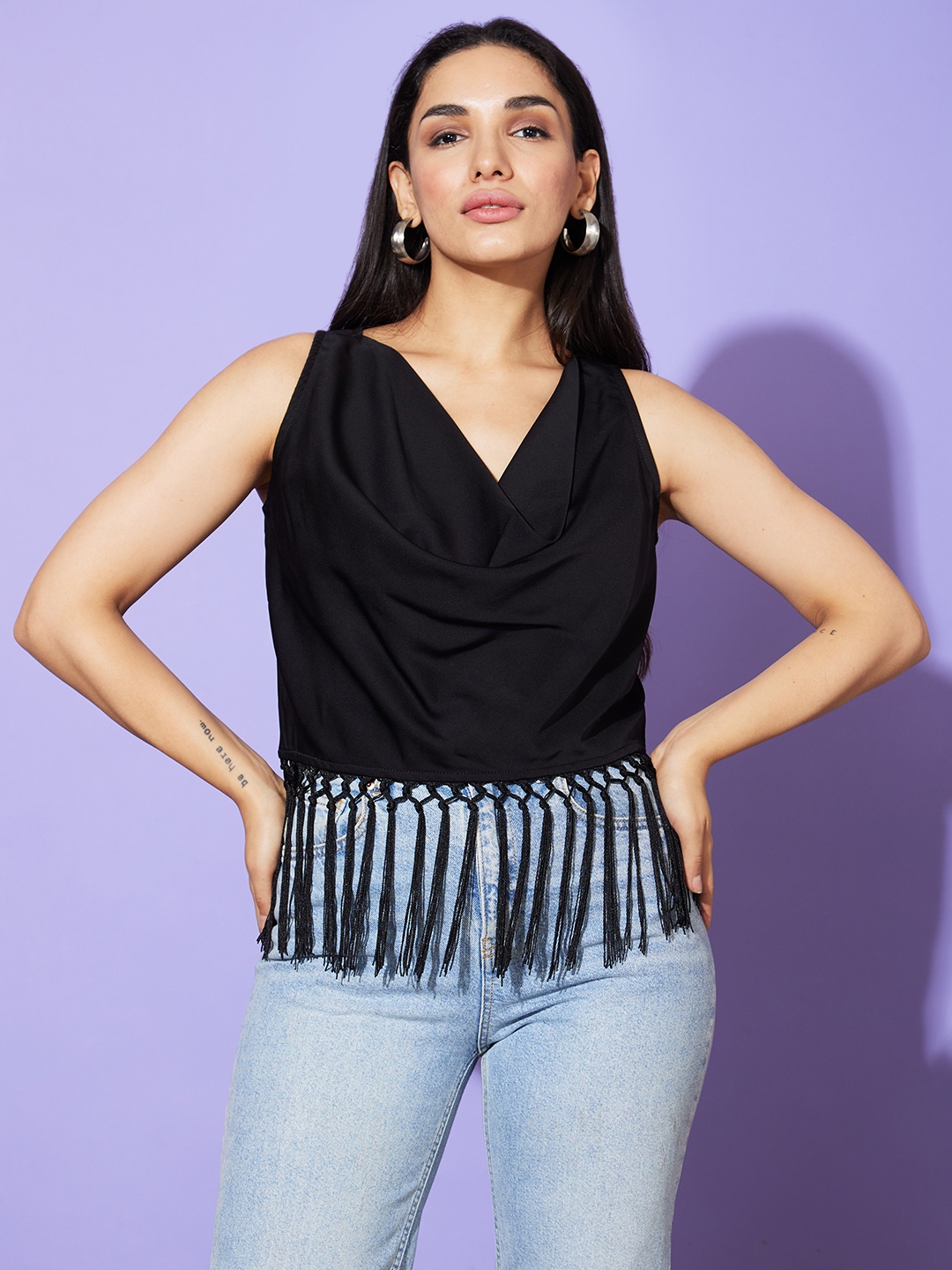 

Globus Black Cowl Neck Fringed Satin Top