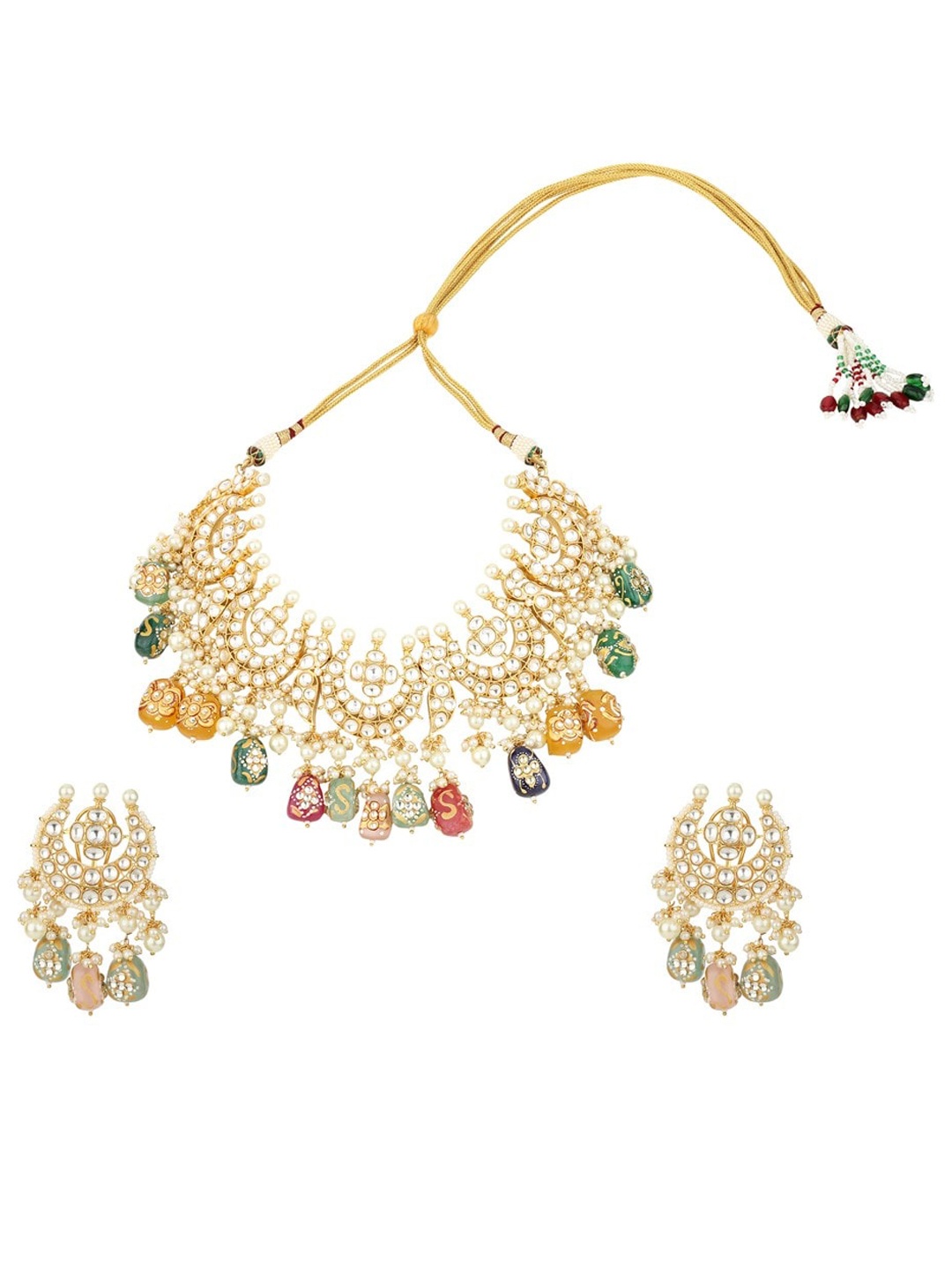 

Runjhun Gold-Plated Red & White Kundan-Studded & Beaded Jewellery Set