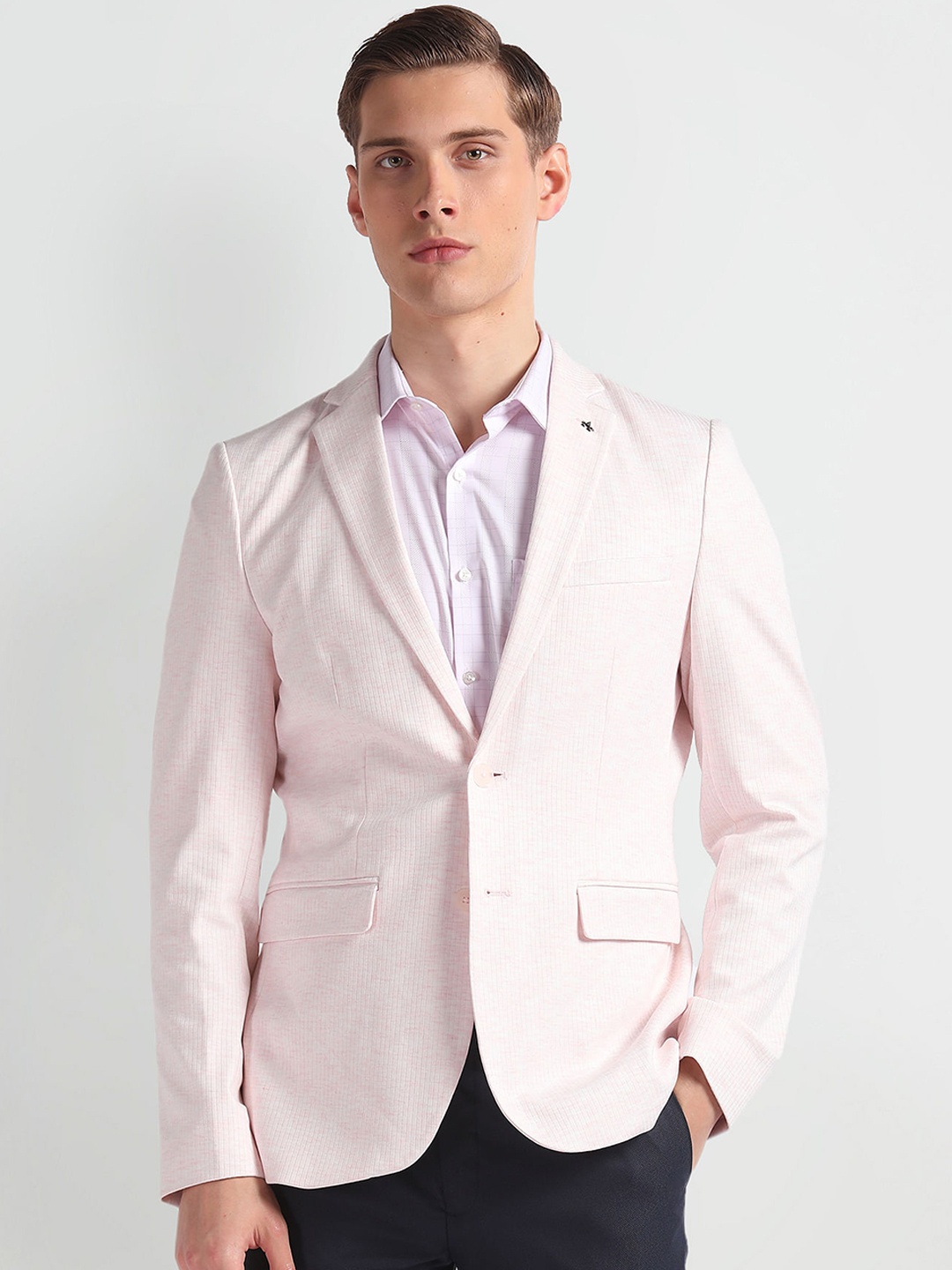 

Arrow Slim-Fit Striped Notched Lapel Collar Single-Breasted Formal Blazer, Pink