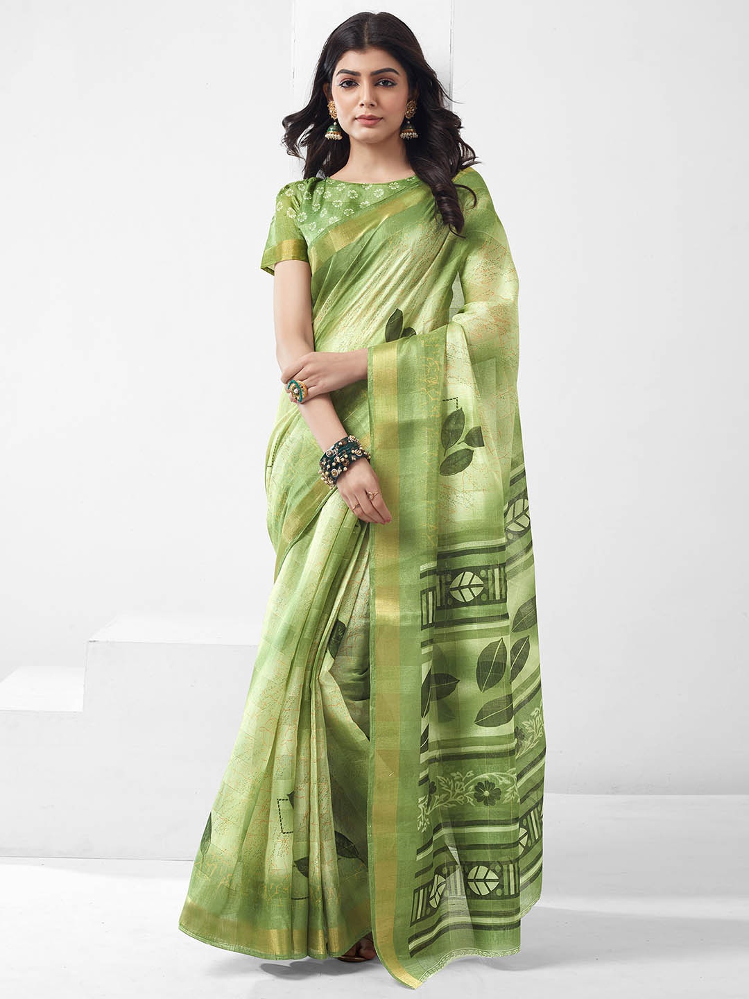 

KALINI Ethnic Motifs Printed Zari Saree, Green