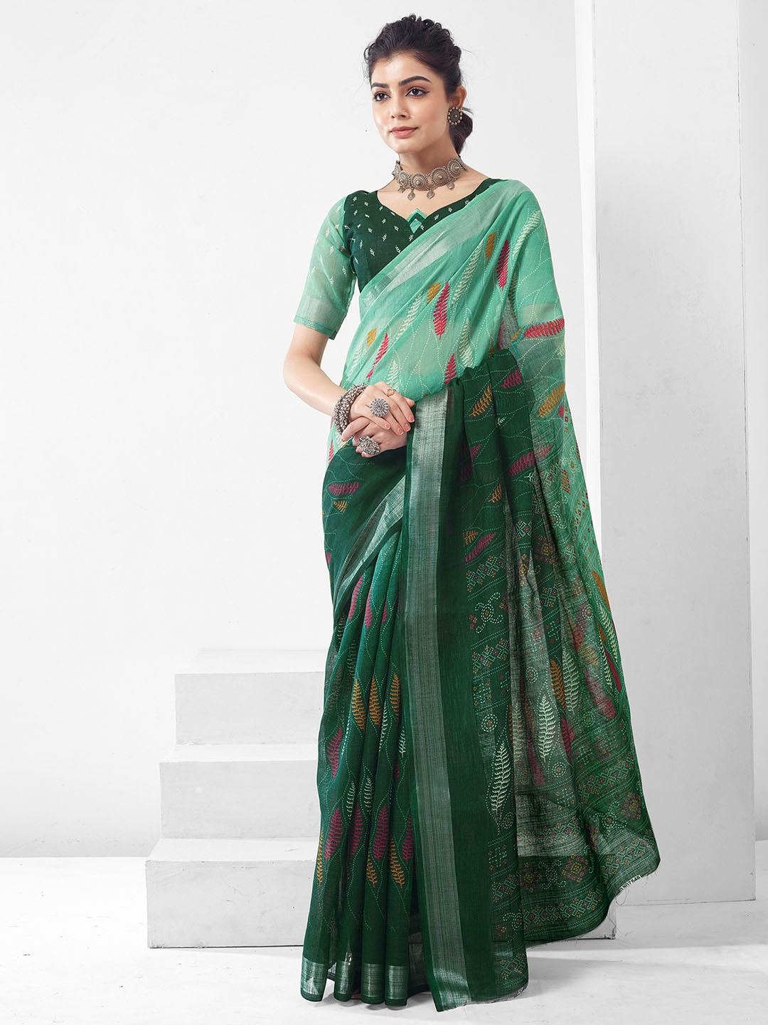 

KALINI Ethnic Motifs Printed Zari Saree, Green