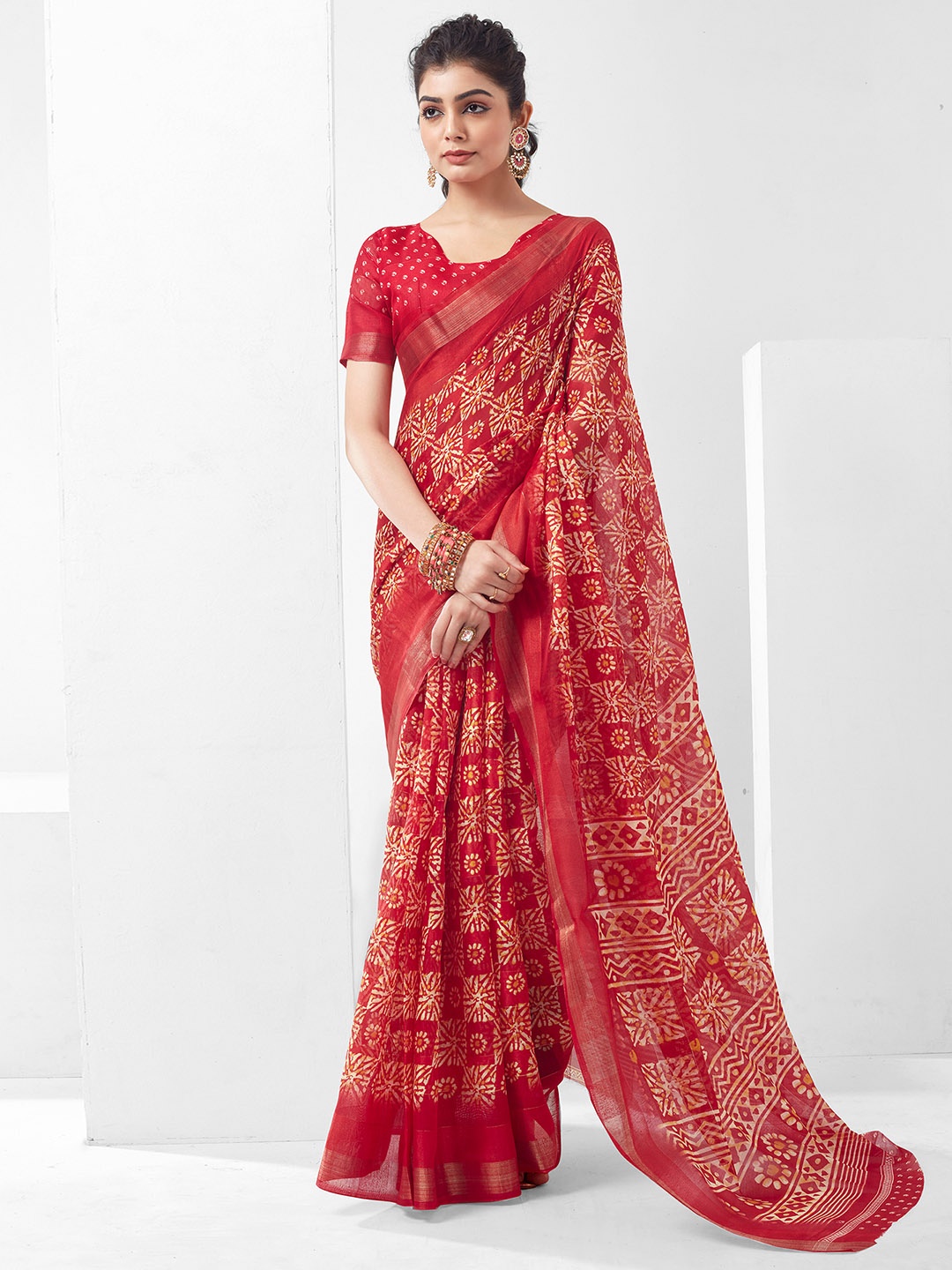 

KALINI Batik Printed Zari Saree, Red