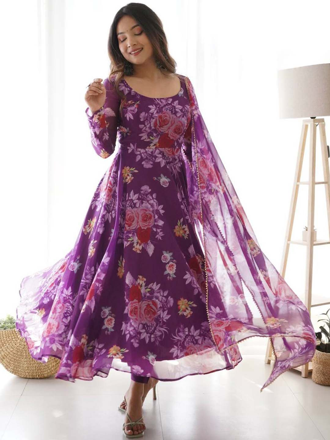 

BLACK SCISSOR Floral Printed Kurta With Dupatta Set, Purple