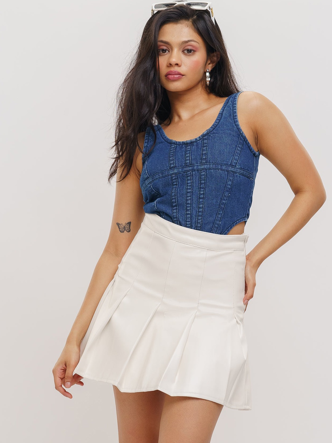 

FREAKINS White Flared Leather Mini Skirt