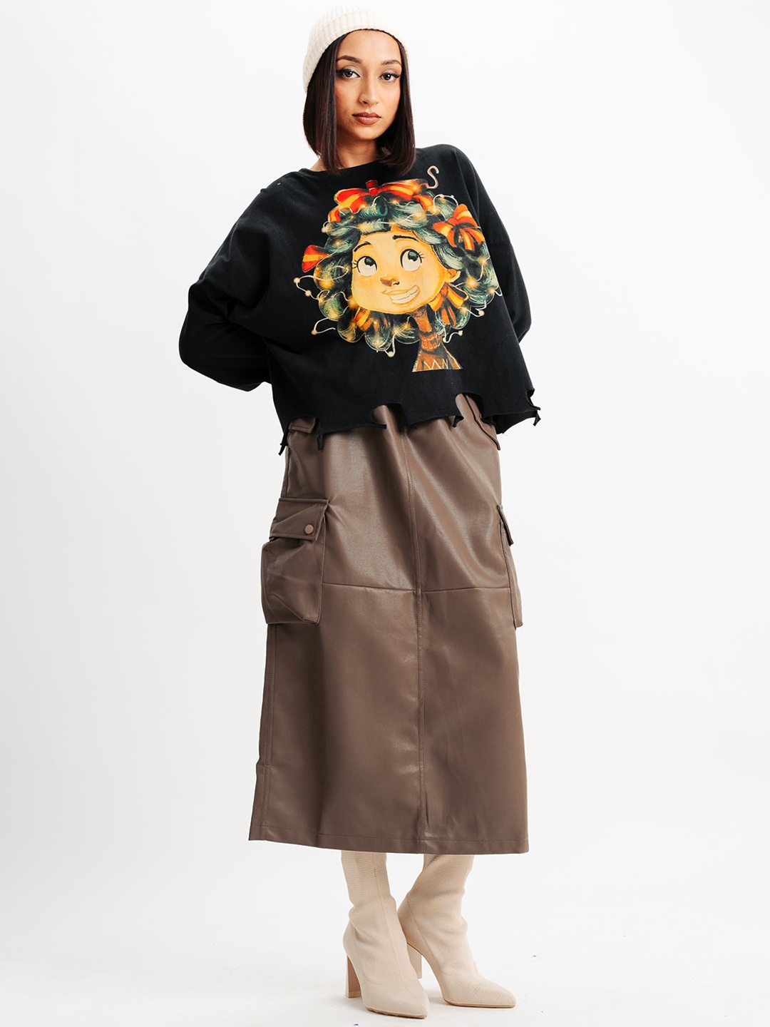 

FREAKINS Brown A-Line Leather Cargo Midi Skirt