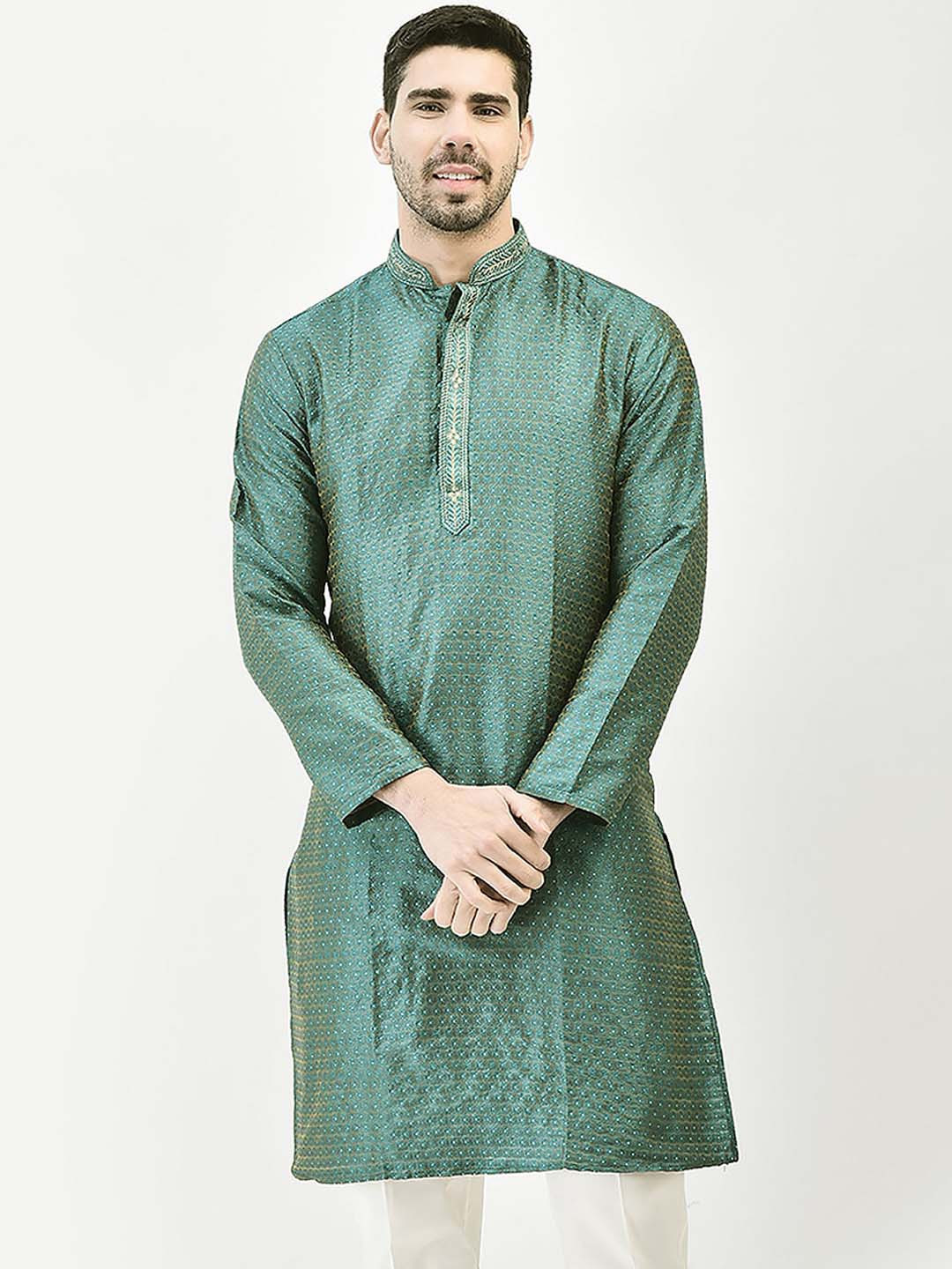 

SG LEMAN Woven design Mandarin Collar Long Sleeves Cotton Kurta, Green