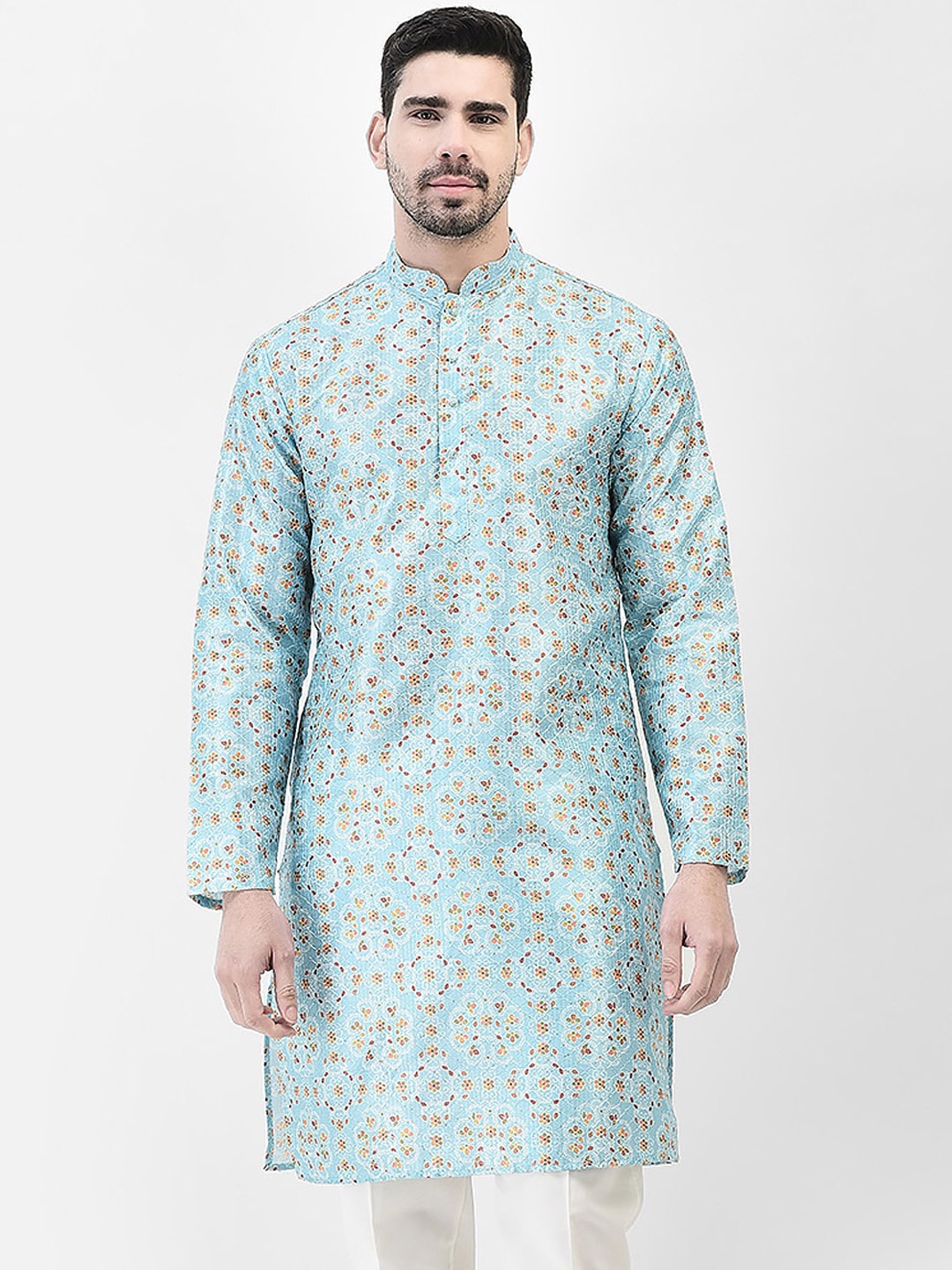 

SG LEMAN Floral Printed Cotton Silk Kurta, Blue