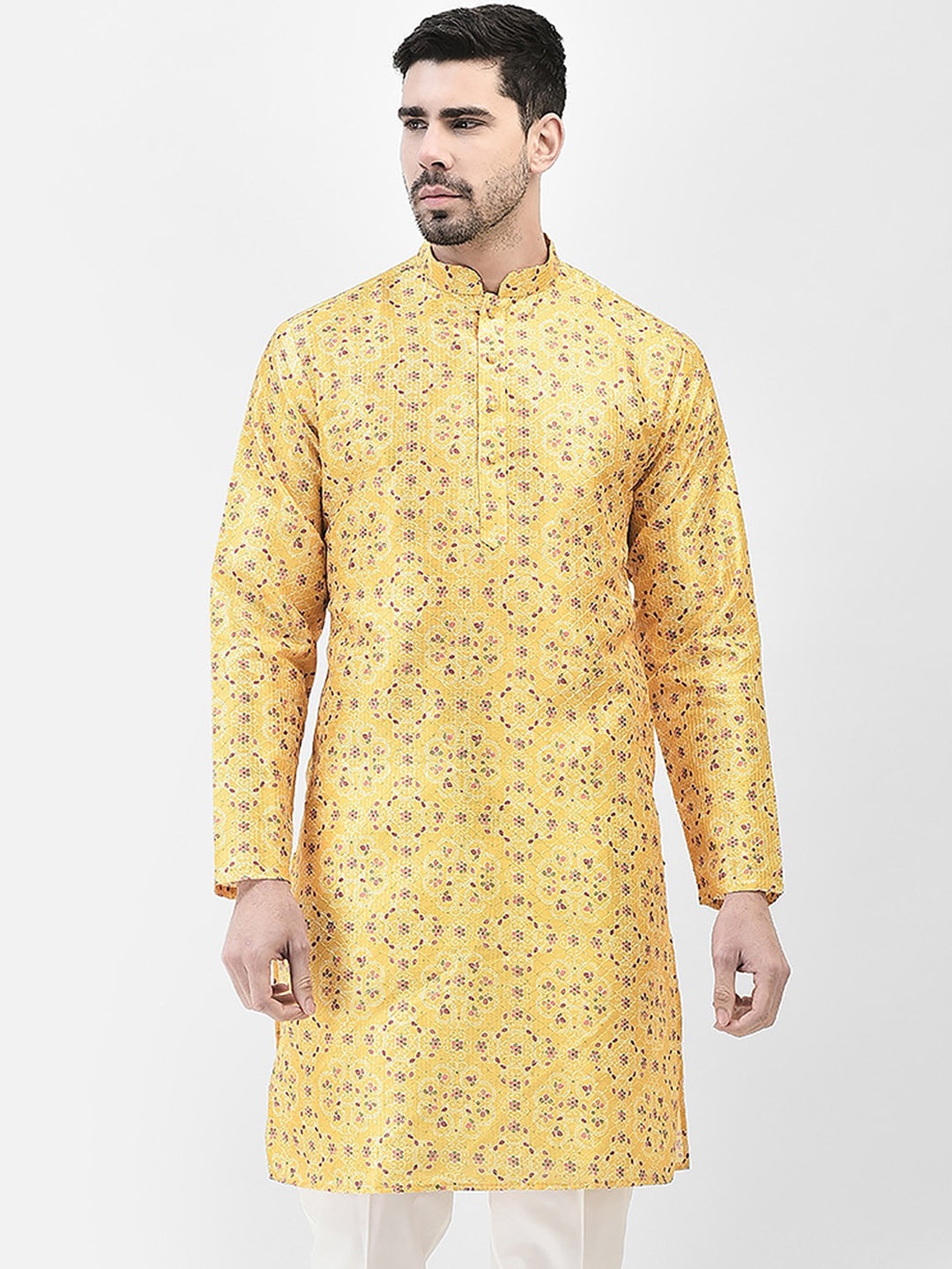 

SG LEMAN Mandarin Collar Thread Work Kurta, Yellow