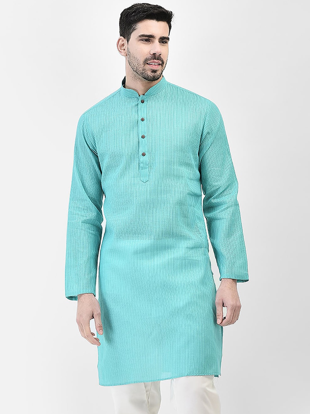 

SG LEMAN Mandarin Collar Long Sleeves Striped Kurta, Turquoise blue