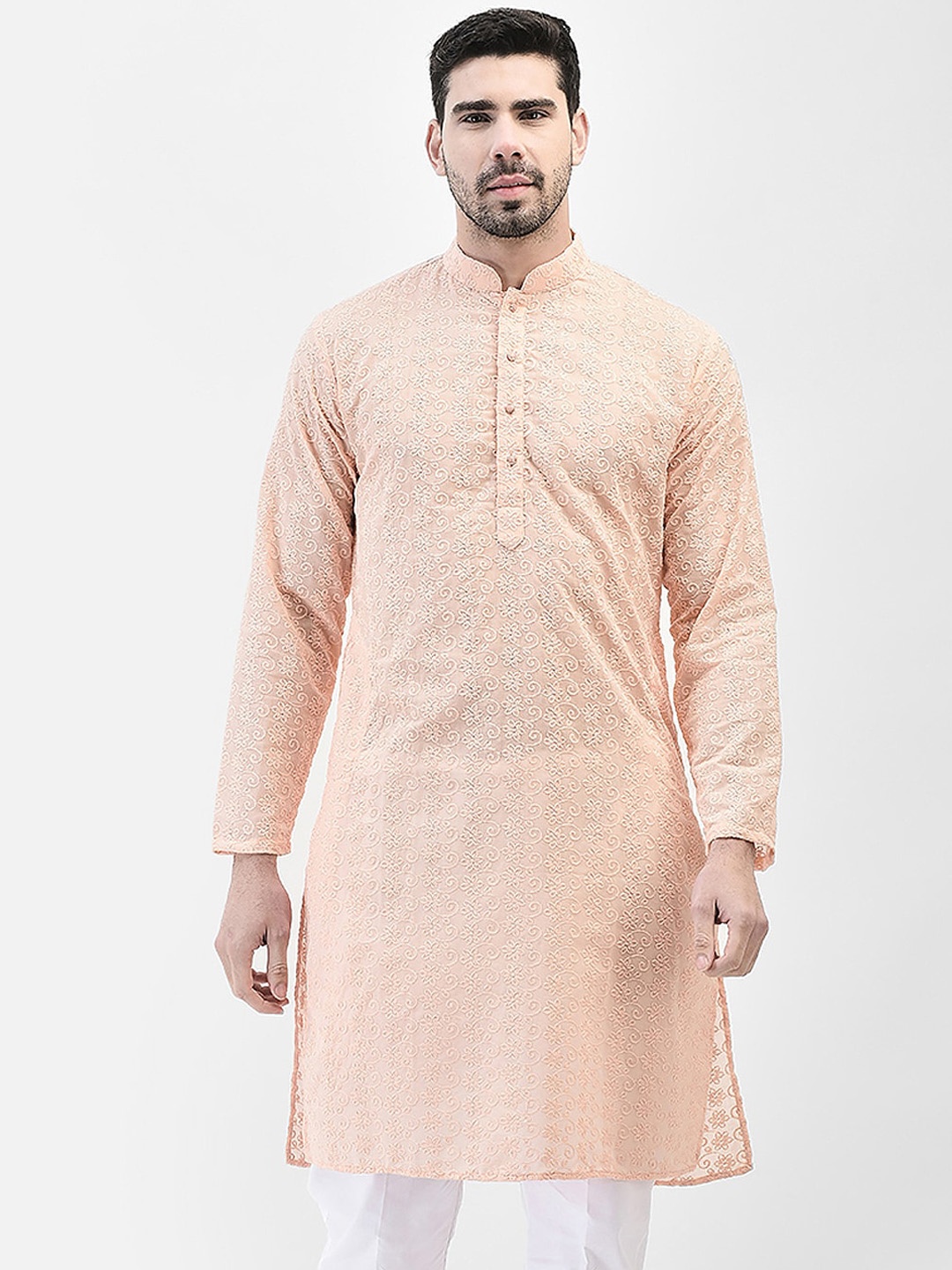 

SG LEMAN Mandarin Collar Long Sleeves Thread Work Kurta, Peach