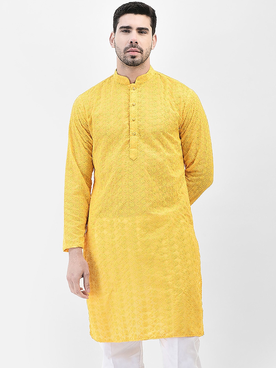 

SG LEMAN Mandarin Collar Long Sleeves Thread Work Kurta, Yellow