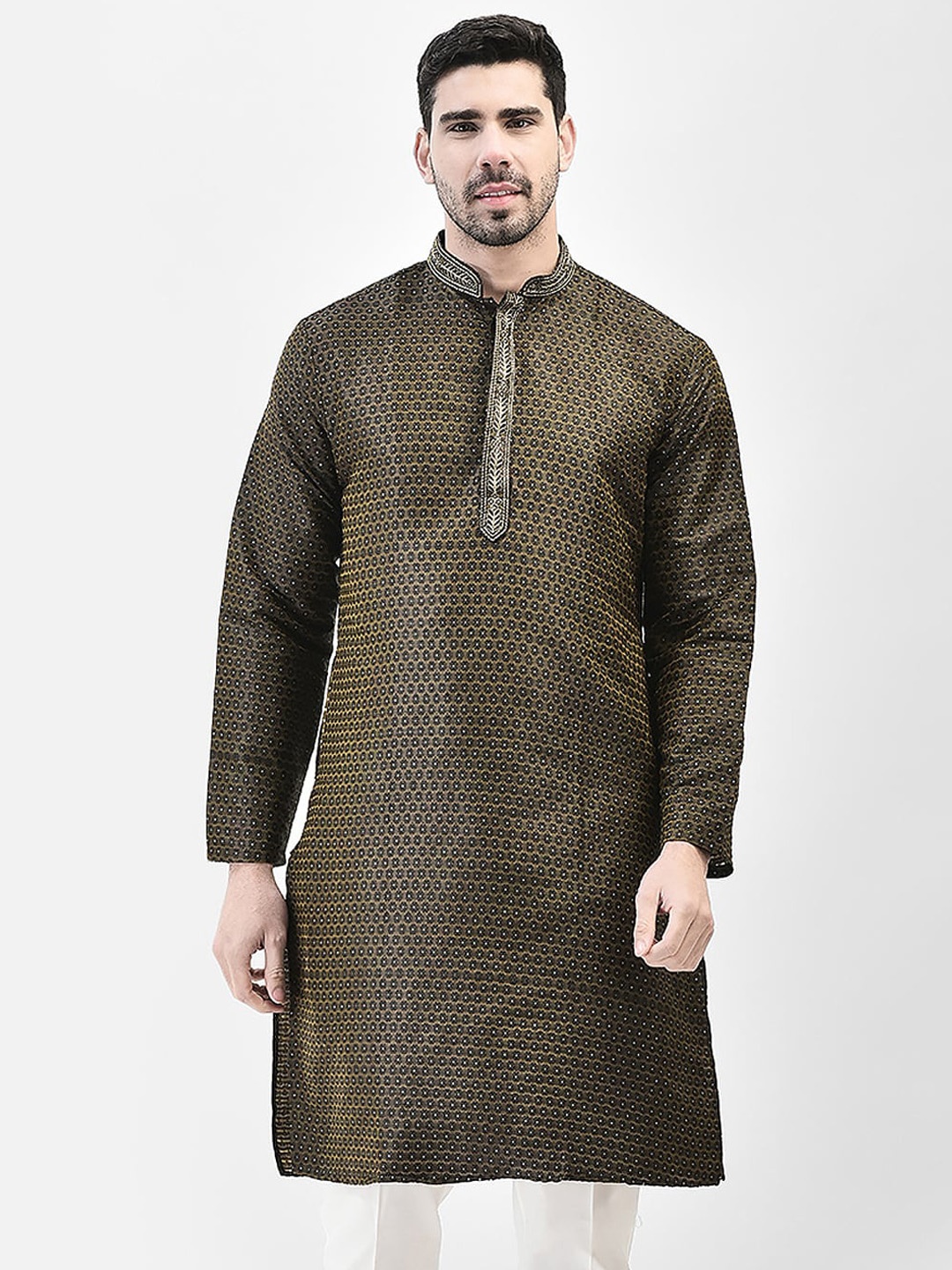 

SG LEMAN Woven design Mandarin Collar Long Sleeves Cotton Kurta, Black