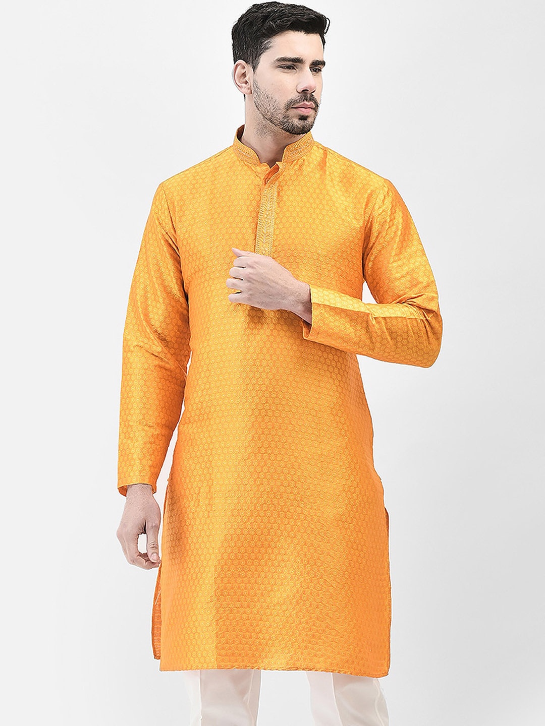 

SG LEMAN Striped woven design Mandarin Collar Long Sleeves Thread Work Cotton Kurta, Yellow