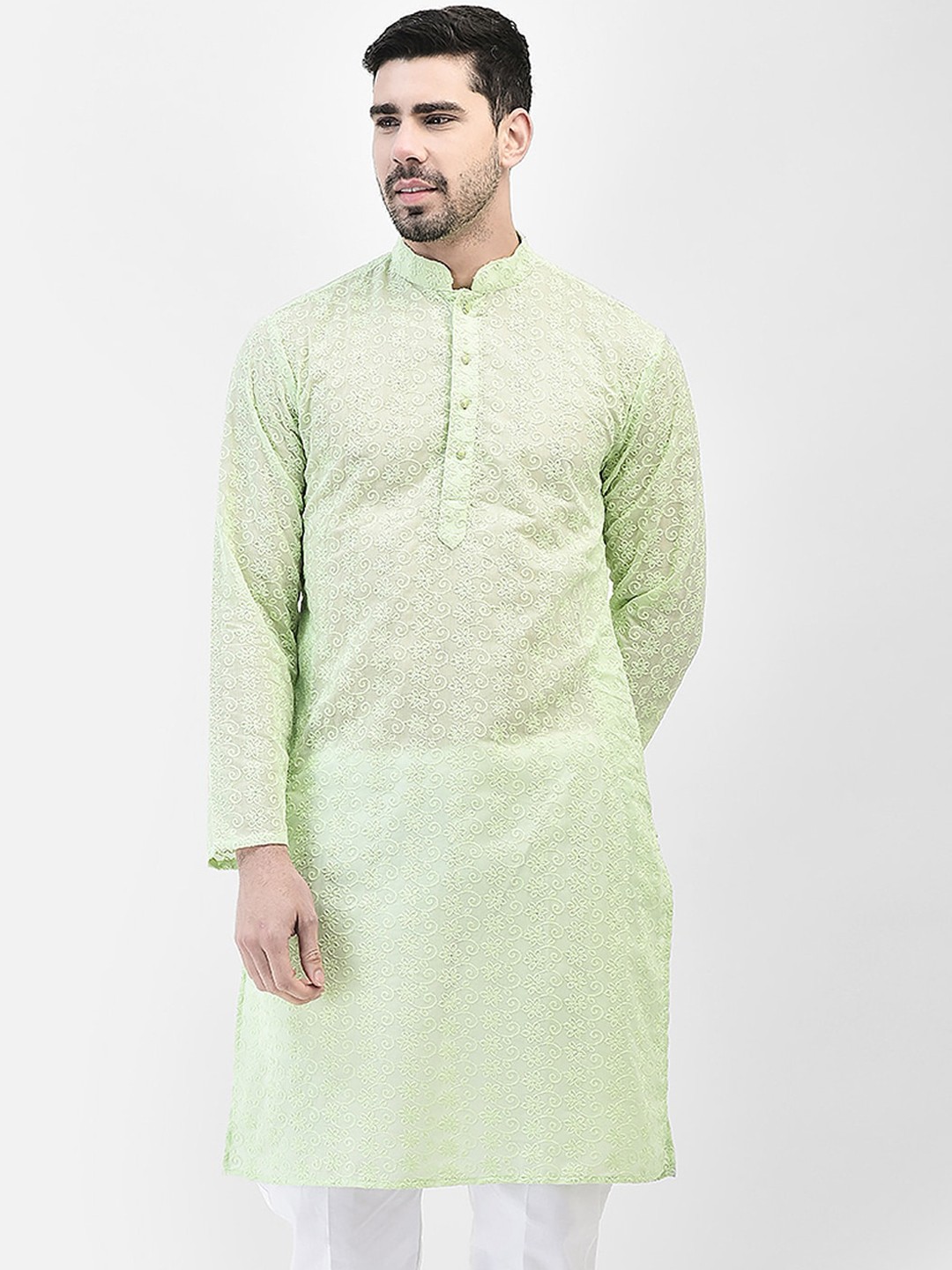 

SG LEMAN Striped woven design Mandarin Collar Long Sleeves Thread Work Cotton Kurta, Sea green