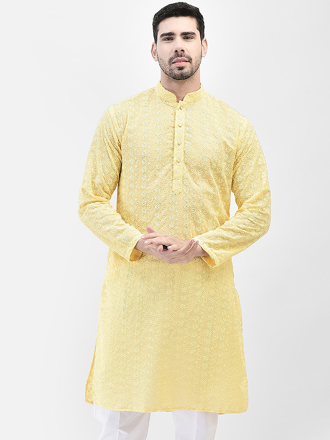 

SG LEMAN Mandarin Collar Long Sleeves Thread Work Kurta, Yellow