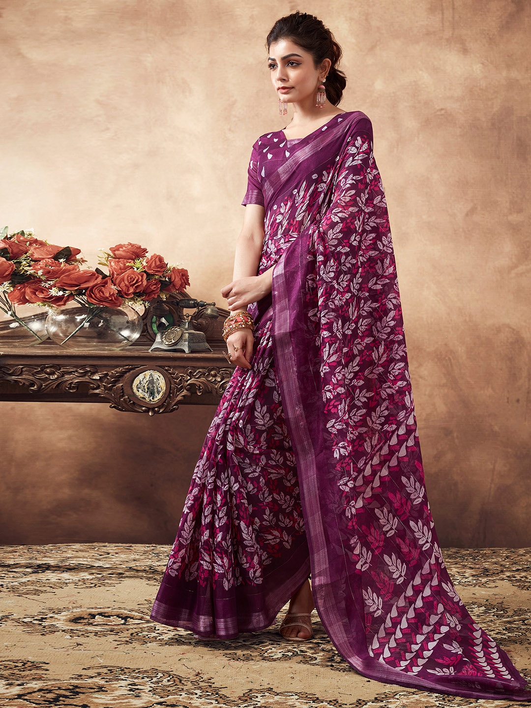 

KALINI Floral Printed Zari Bagh Saree, Purple