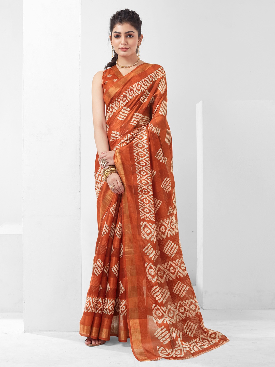 

KALINI Ethnic Motifs Printed Zari Bagh Saree, Orange