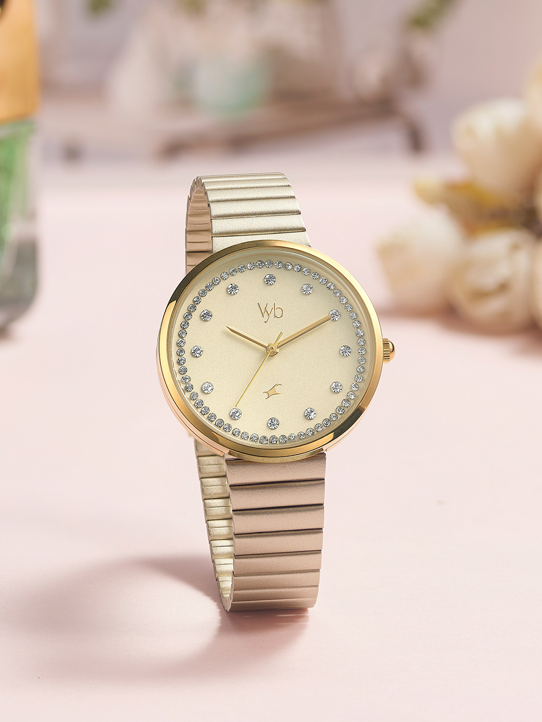 

Fastrack Vyb Mirage Women Stainless Steel Bracelet Style Straps Analogue Watch FV60003YM01W, Gold