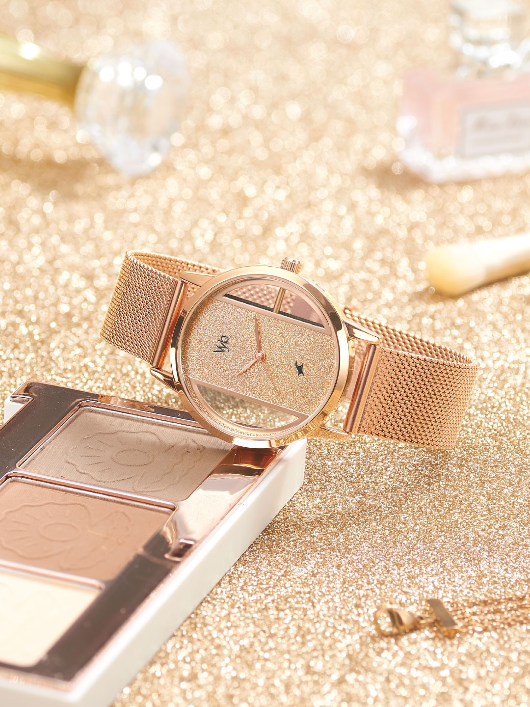 Fastrack Women Vyb Runway Embellished Stainless Steel Straps Analogue Watch FV60019WM01W, Rose gold