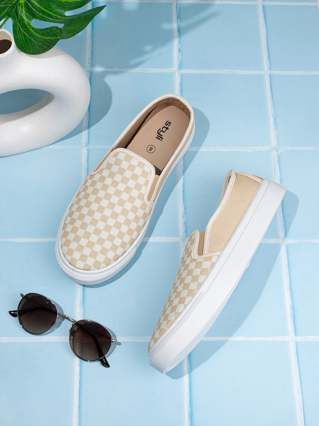 

Styli Men Checkerboard Canvas Slip On Shoes, Beige
