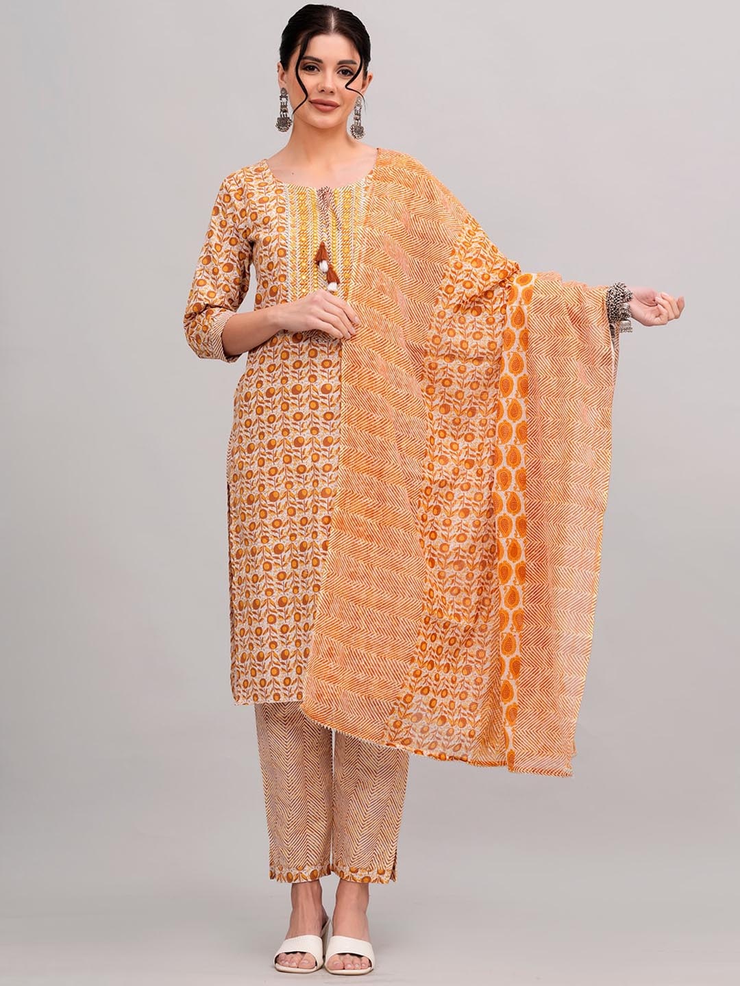 

KALINI Ethnic Motifs Printed Regular Cotton Kurta with Trousers & Dupatta, Mustard