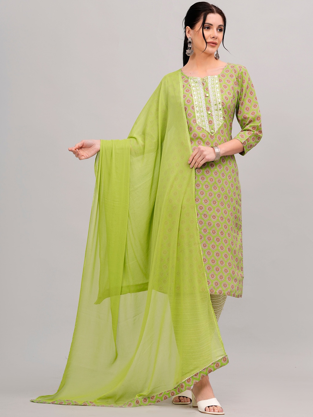 

KALINI Floral Printed Straight Pure Cotton Kurta With Trousers & Dupatta, Green