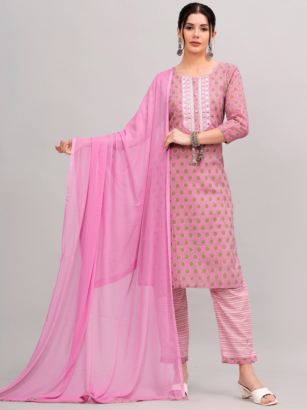 

KALINI Ethnic Motifs Embroidered Straight Pure Cotton Kurta With Trousers & Dupatta, Pink