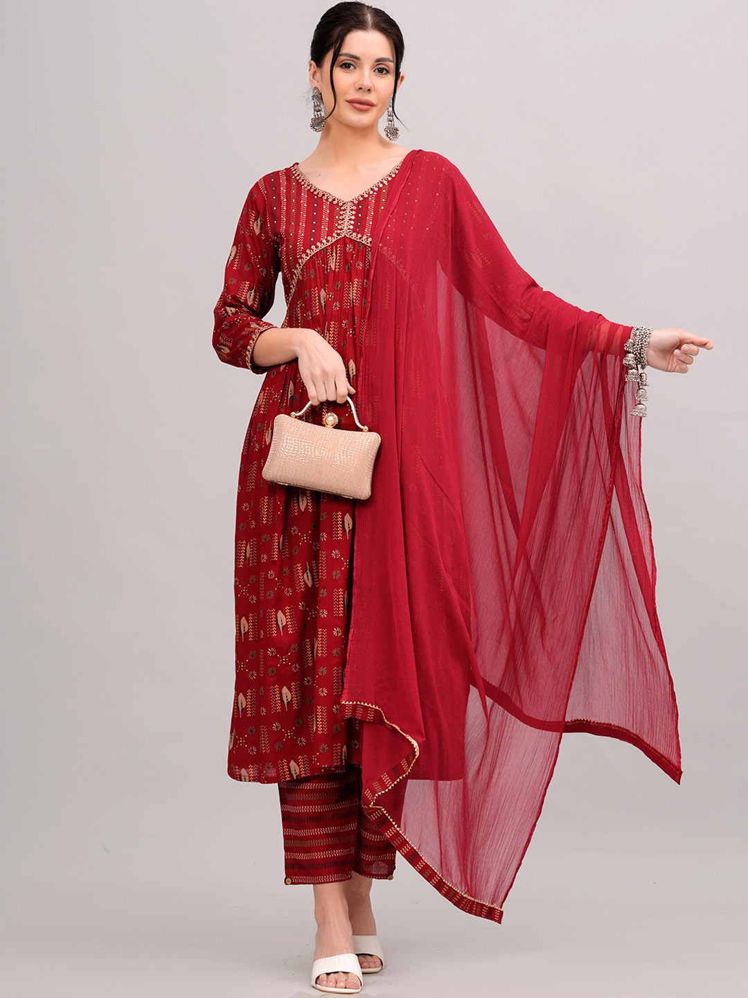 

KALINI Ethnic Motifs Printed Thread Work V-Neck Regular Kurta With Trousers & Dupatta, Maroon