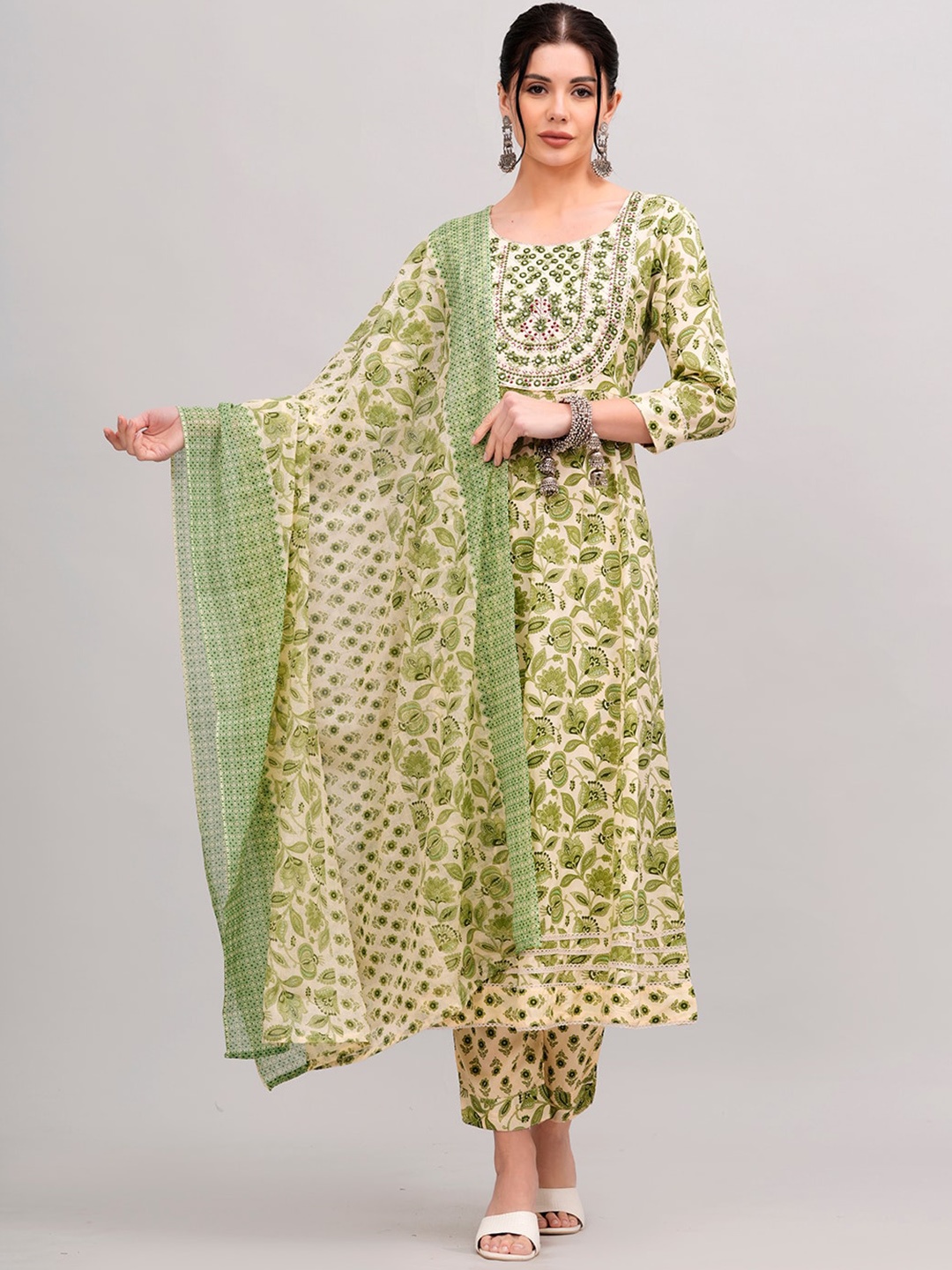 

KALINI Women Ethnic Motifs Embroidered Flared Kurta With Trousers & Dupatta, Green