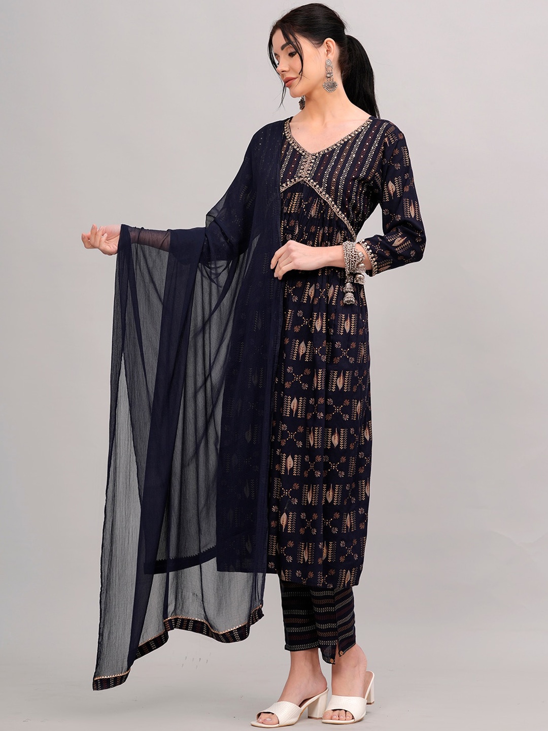 

KALINI Ethnic Motifs Printed Empire Sequined Kurta With Trousers & Dupatta, Navy blue