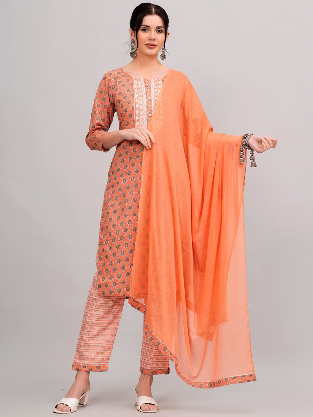 

KALINI Ethnic Motifs Printed Straight Pure Cotton Kurta With Trousers & Dupatta, Orange