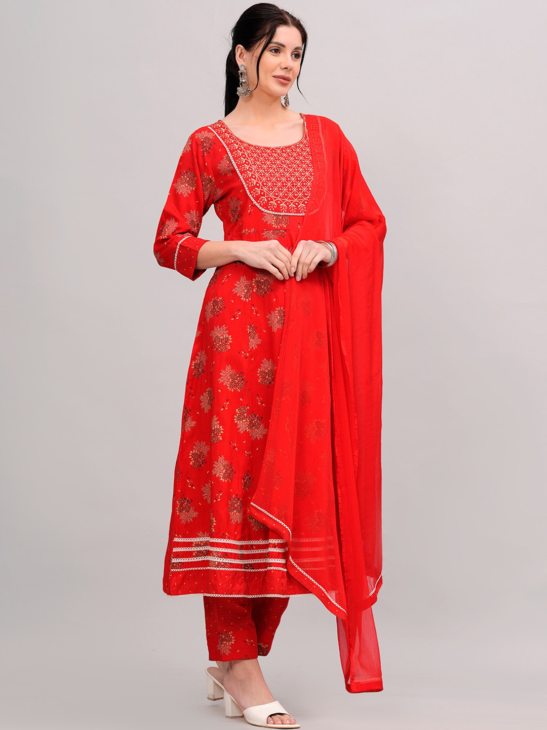 

KALINI Floral Printed Round Neck A-Line Kurta With Trousers & Dupatta, Red