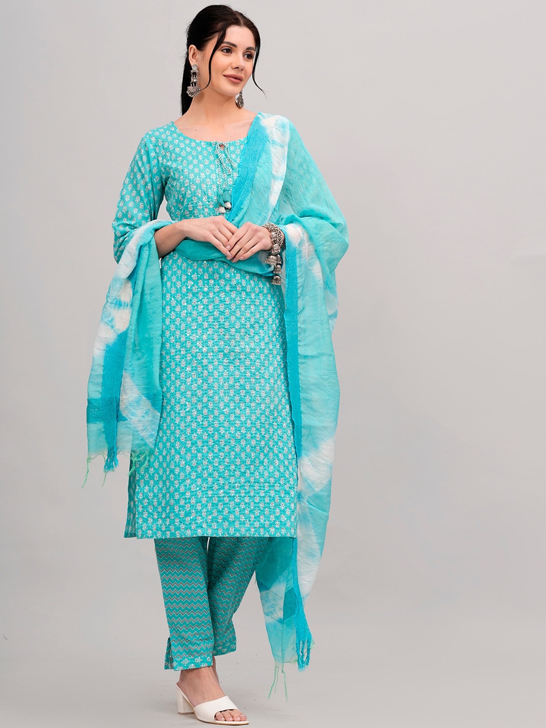 

KALINI Ethnic Motifs Printed Tie-Up Neck Three-Quarter Sleeves Pure Cotton Kurta Set, Blue