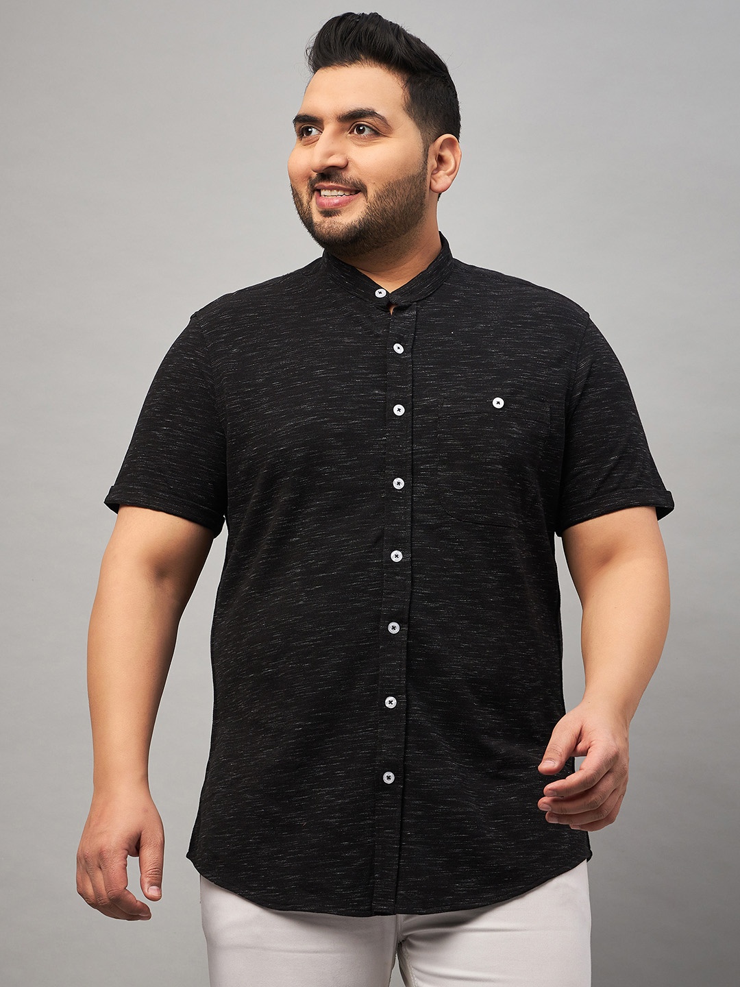 

Club York Men Plus Size Mandarin Collar Cotton Casual Shirt, Black