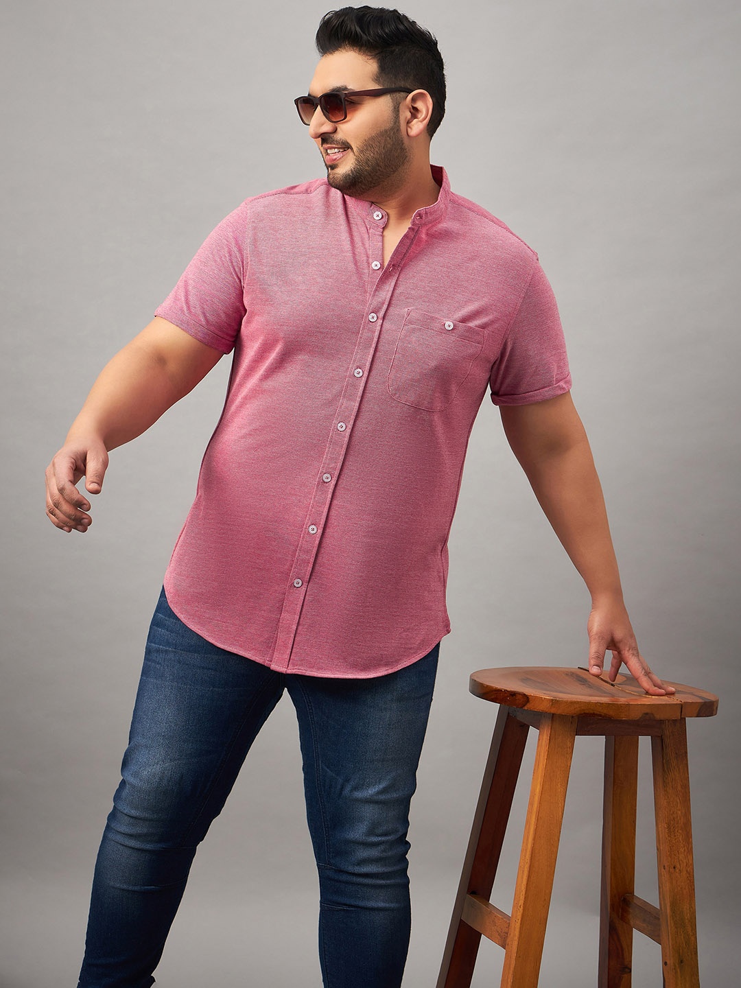 

Club York Men Plus Size Mandarin Collar Cotton Casual Shirt, Coral